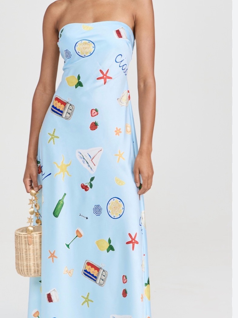 Strapless Light Blue Maxi Dress with Summer Print